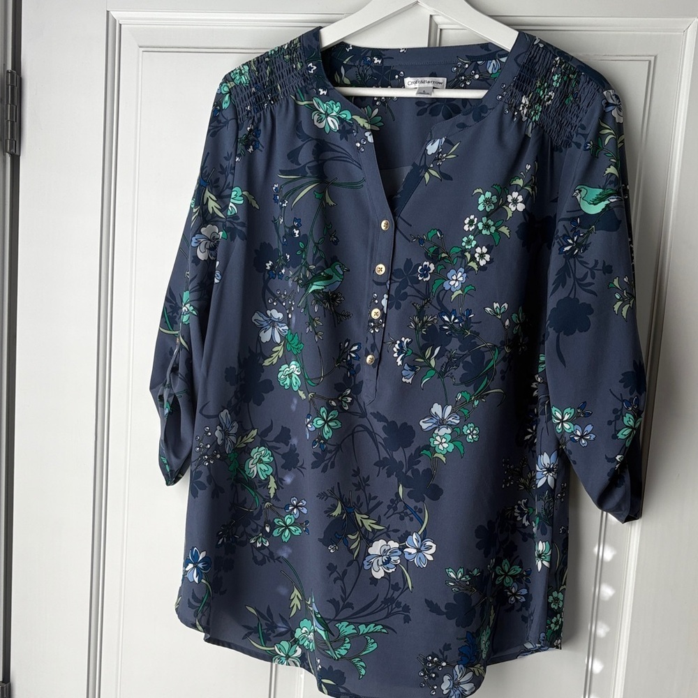 Croft & Barrow Navy Floral Blouse size large Y2K